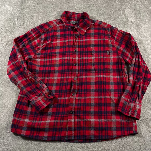 Eddie‎ Bauer XXL Flannel Shirt Red Blue Plaid Long Sleeve Button Down Men's - Picture 1 of 11